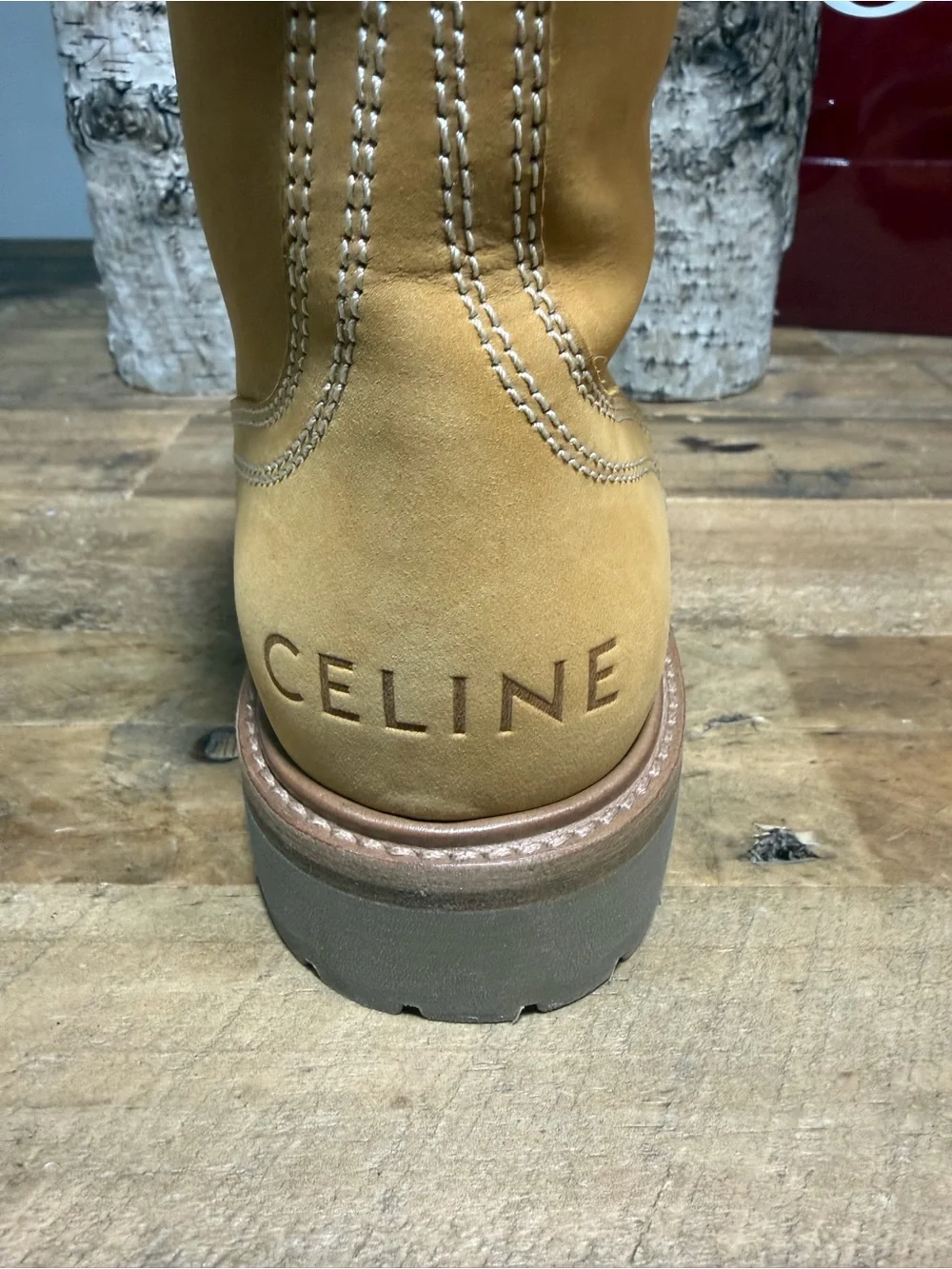 Celine Tan Shearling-Trim Lace-Up Winter Boots